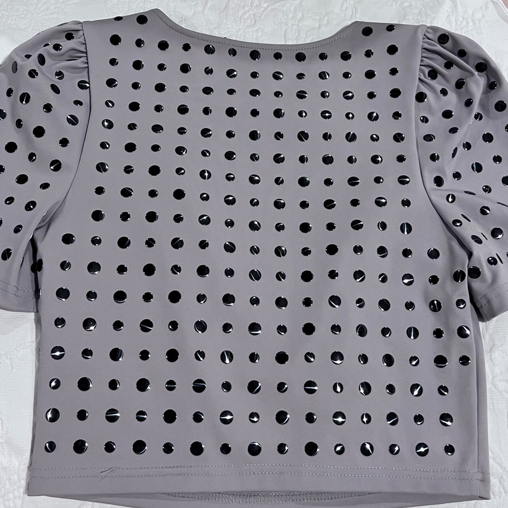 Stella & Jamie Studded Gray Puff Sleeve Crop Top Size XS X-Small NWOT - Picture 7 of 11